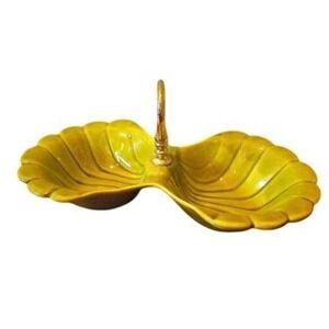 Vintage California Pottery Divided Gold Dish Scalloped Trinket Tray with Handle